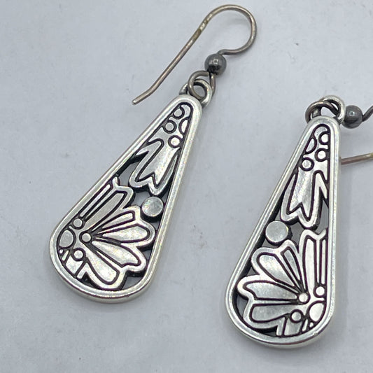 Brighton Silver Tone Drop Earrings With Floral Motif & Rhinestones