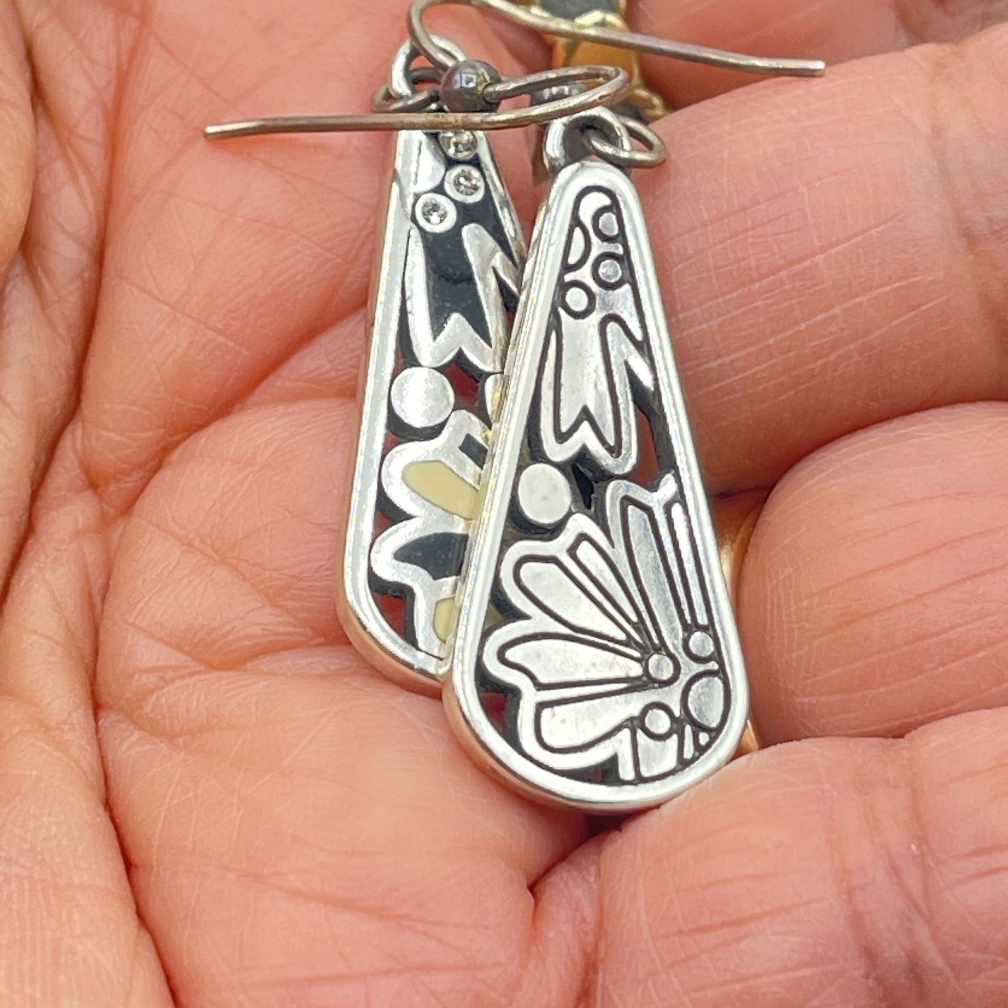 Brighton Silver Tone Drop Earrings With Floral Motif & Rhinestones