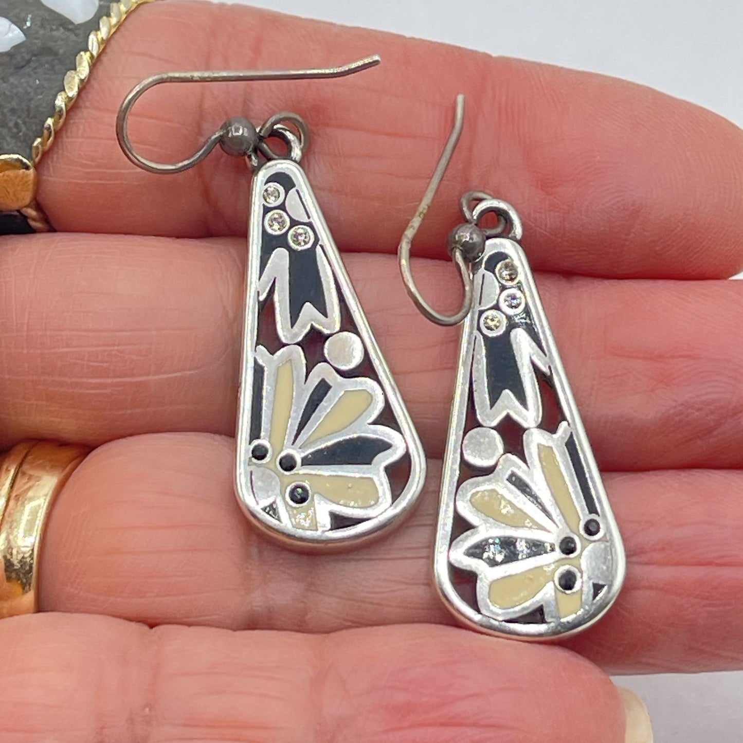 Brighton Silver Tone Drop Earrings With Floral Motif & Rhinestones