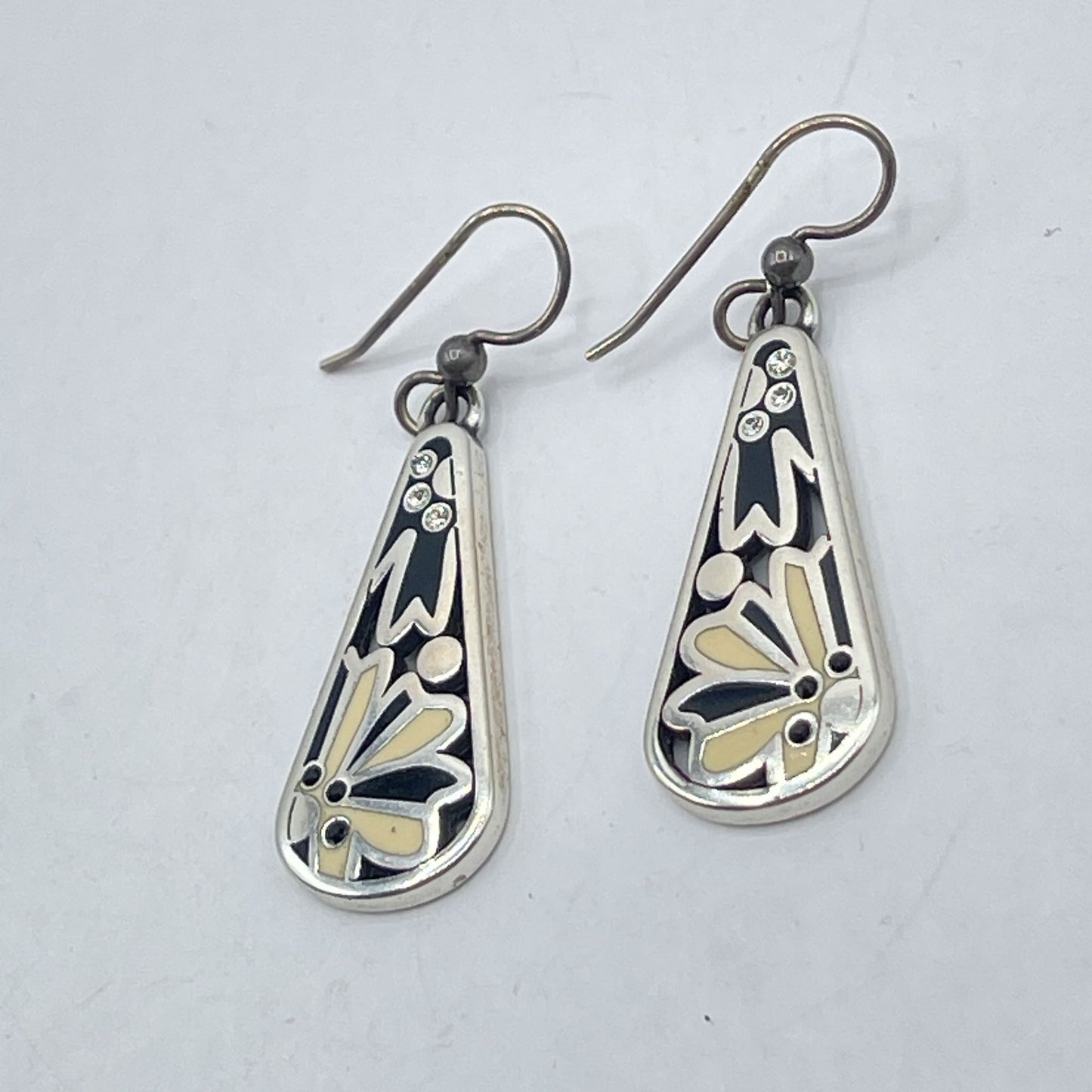 Brighton Silver Tone Drop Earrings With Floral Motif & Rhinestones
