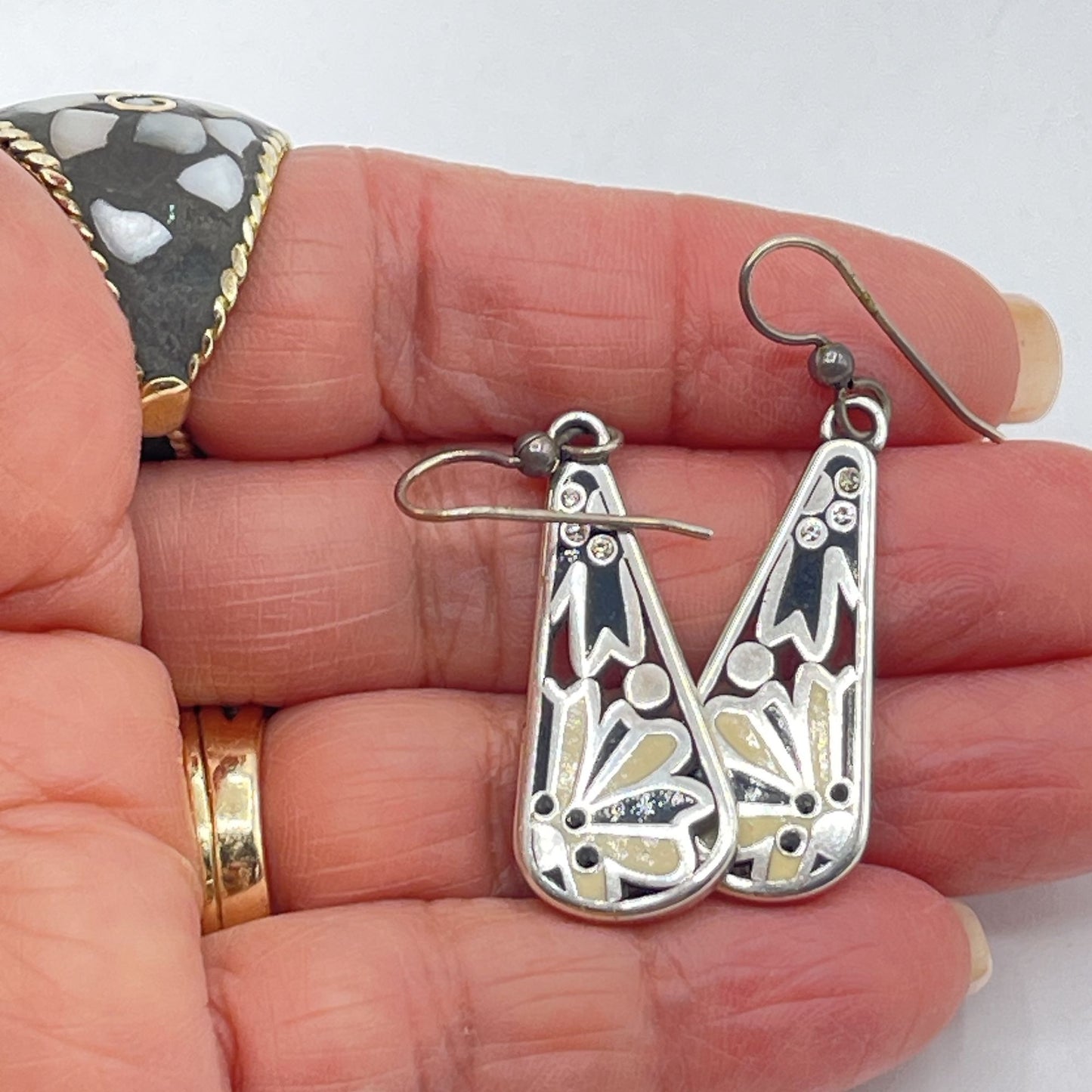 Brighton Silver Tone Drop Earrings With Floral Motif & Rhinestones