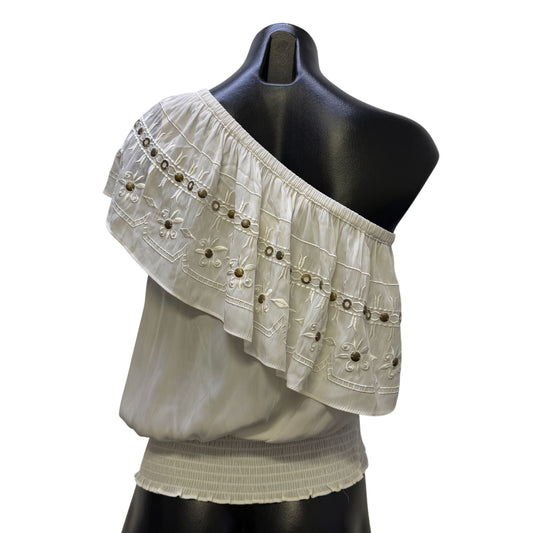 Ramy Brook White One-Shoulder Embroidered Blouse L
