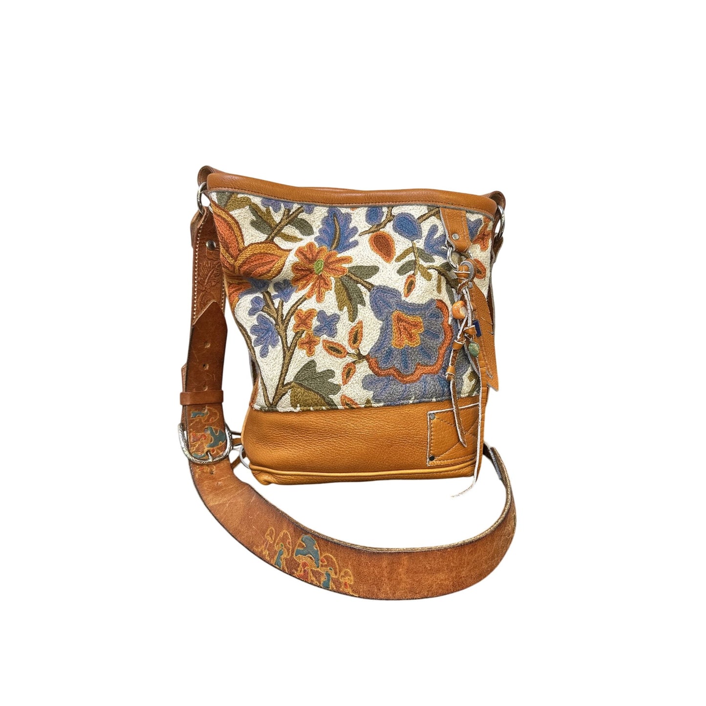 Crowned Crow Leather & Fabric Hobo Bag w/Floral Design