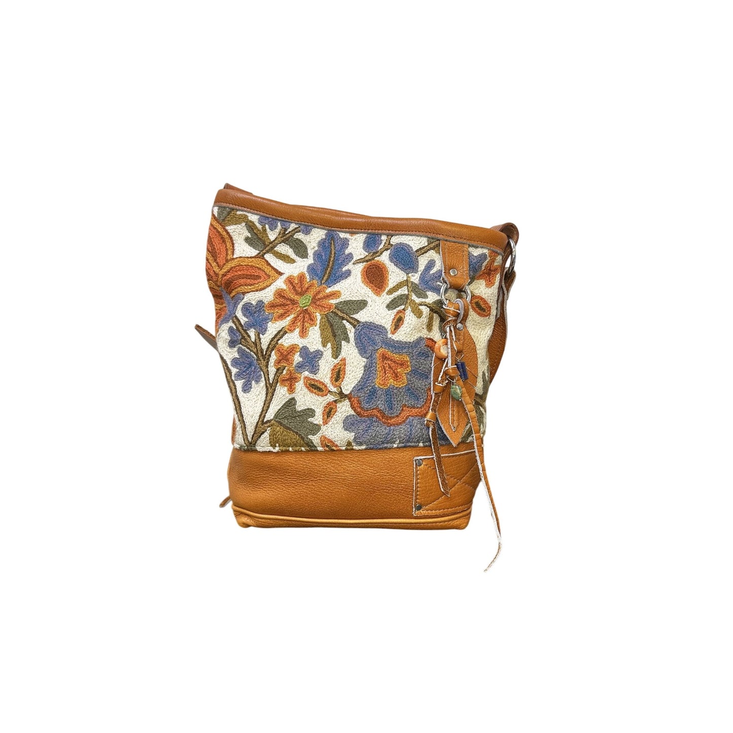 Crowned Crow Leather & Fabric Hobo Bag w/Floral Design