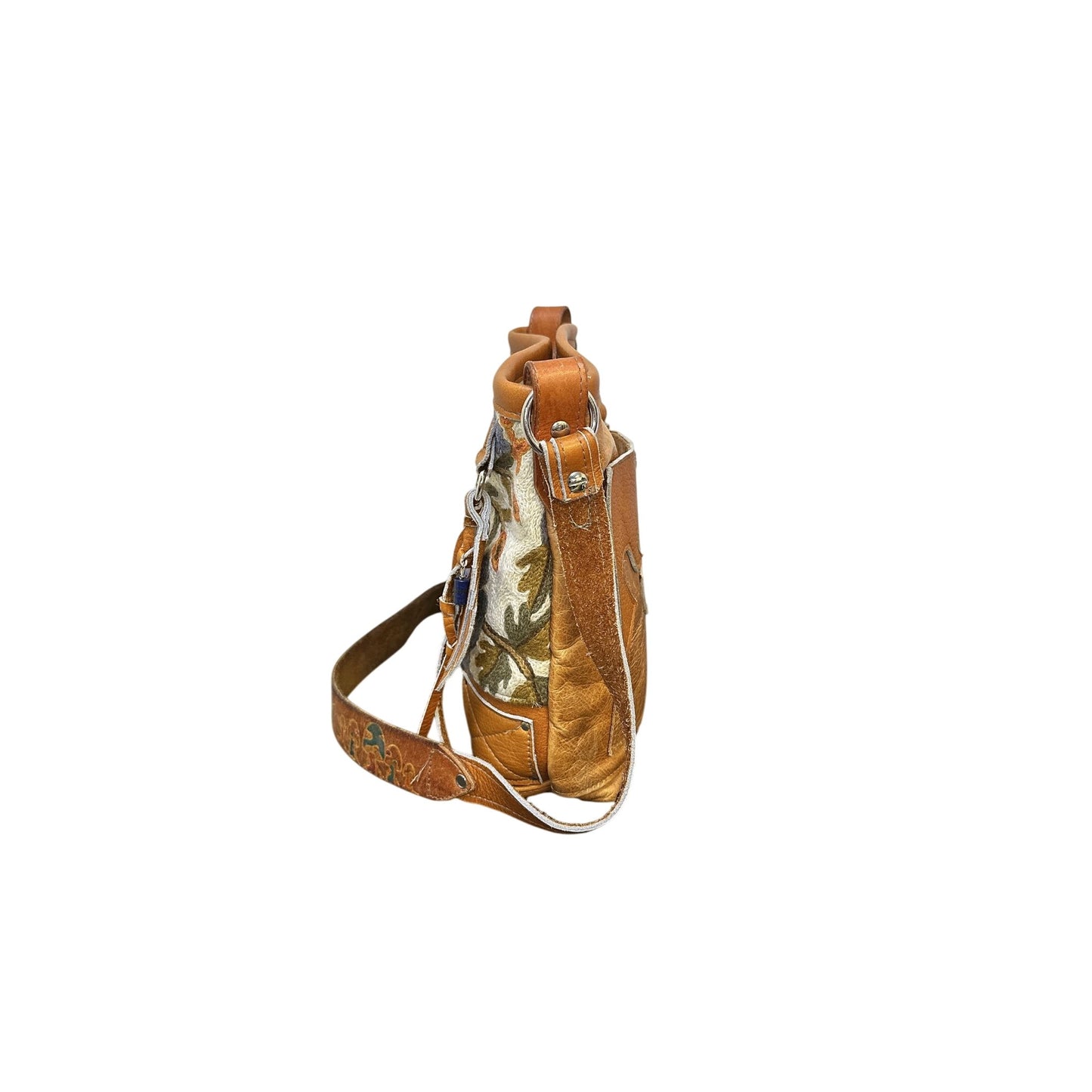 Crowned Crow Leather & Fabric Hobo Bag w/Floral Design