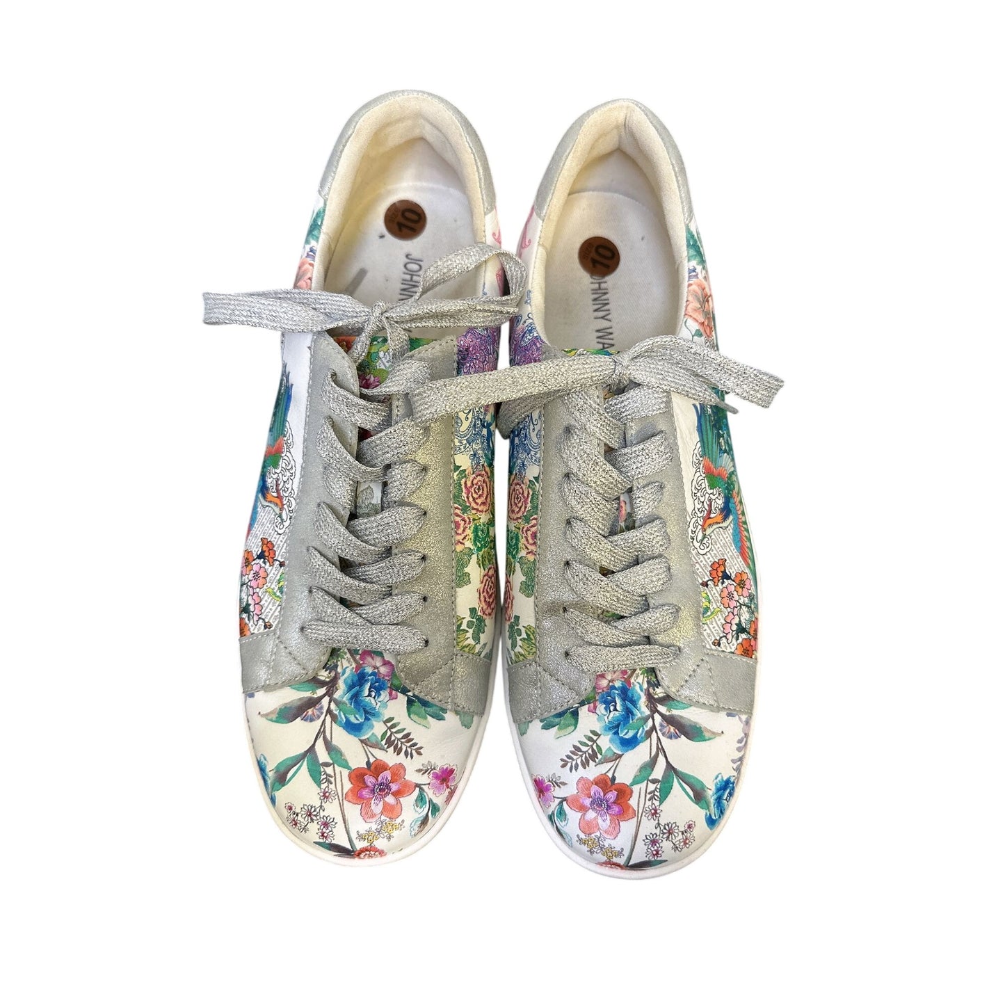 Johnny Was Floral Print Lace-Up Sneakers w/Metallic Silver Accents Size 10