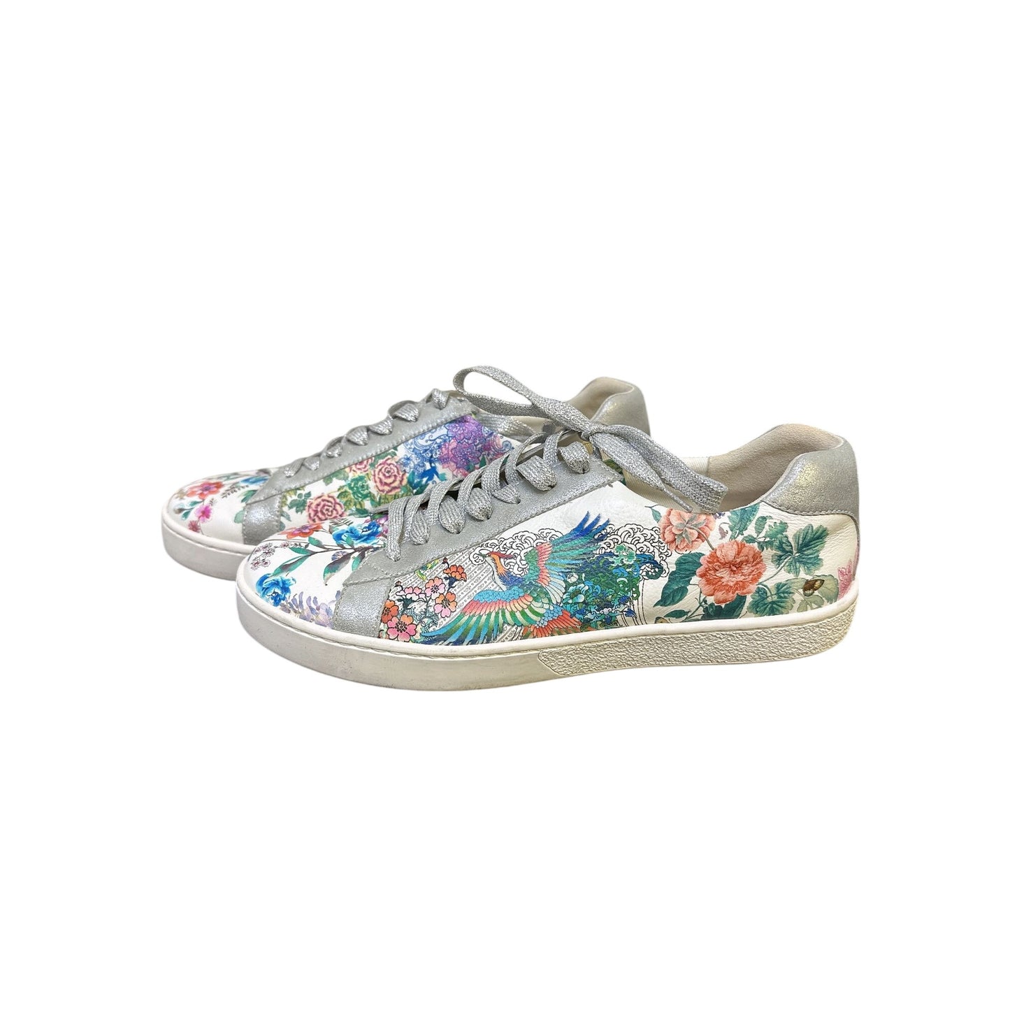 Johnny Was Floral Print Lace-Up Sneakers w/Metallic Silver Accents Size 10