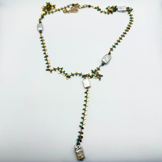 Nakamol Long Gold Chain Necklace With Pearl & Turquoise Accents