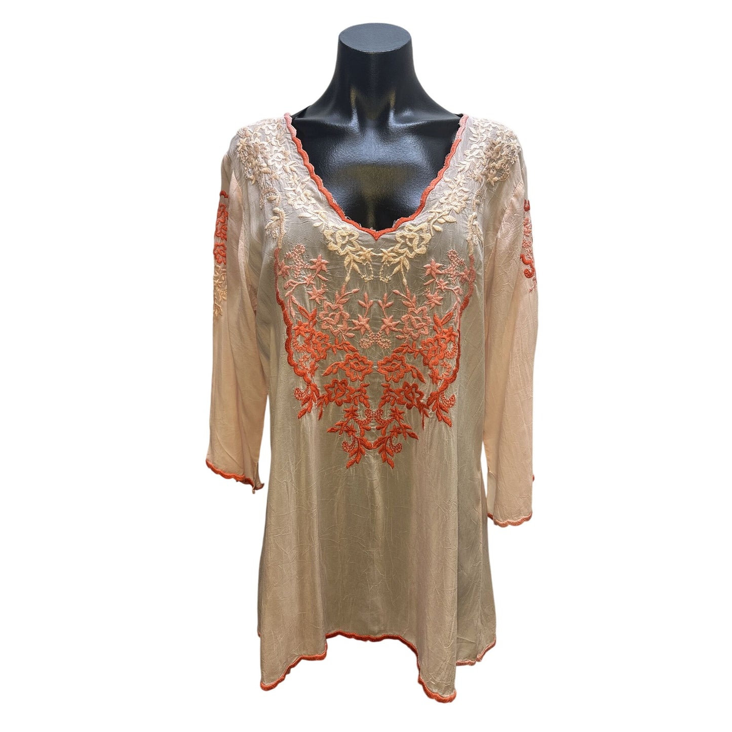 Johnny Was Sheer Pink Tunic Blouse w/Coral & Pink Embroidered Floral Design Size M