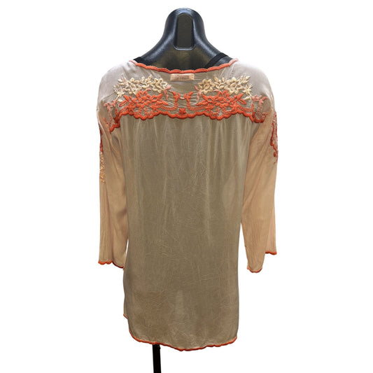 Johnny Was Sheer Pink Tunic Blouse w/Coral & Pink Embroidered Floral Design Size M