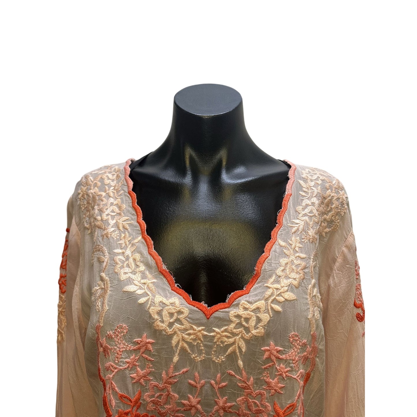 Johnny Was Sheer Pink Tunic Blouse w/Coral & Pink Embroidered Floral Design Size M
