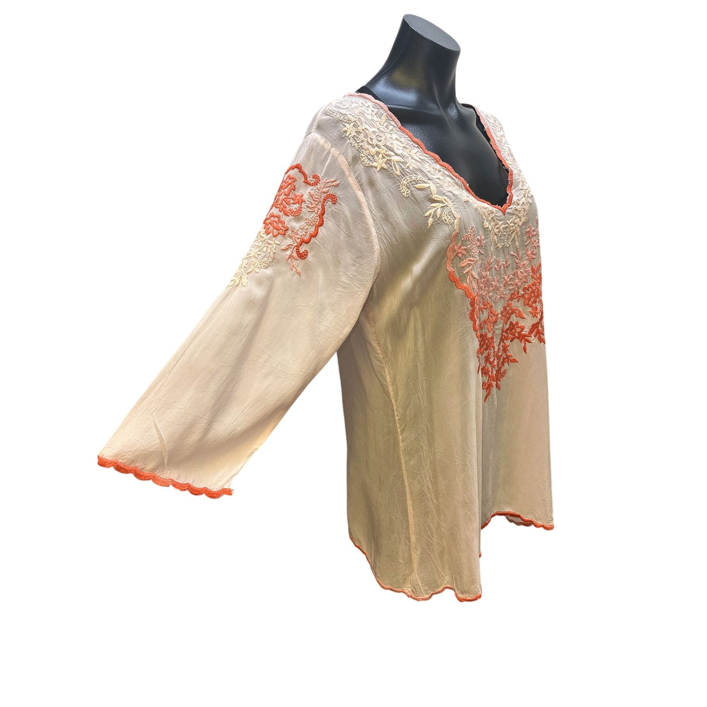 Johnny Was Sheer Pink Tunic Blouse w/Coral & Pink Embroidered Floral Design Size M