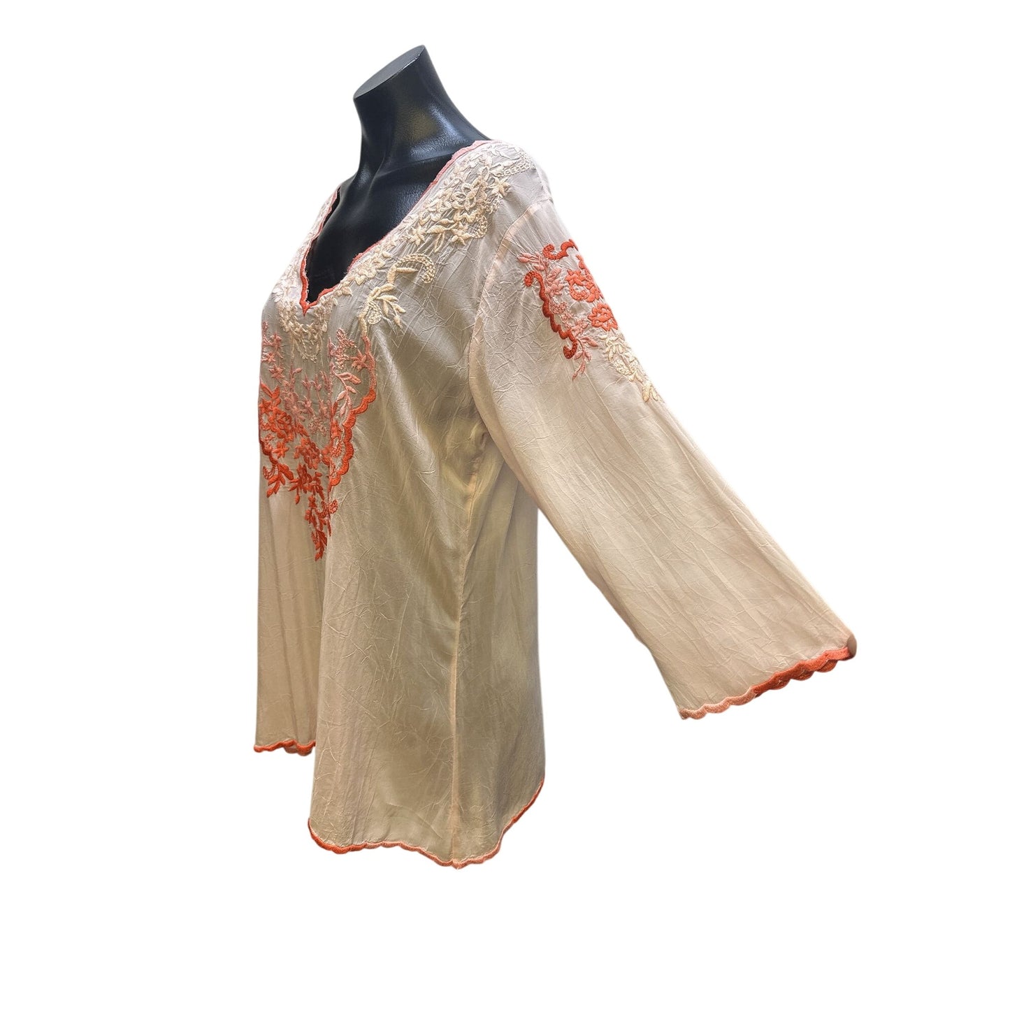 Johnny Was Sheer Pink Tunic Blouse w/Coral & Pink Embroidered Floral Design Size M