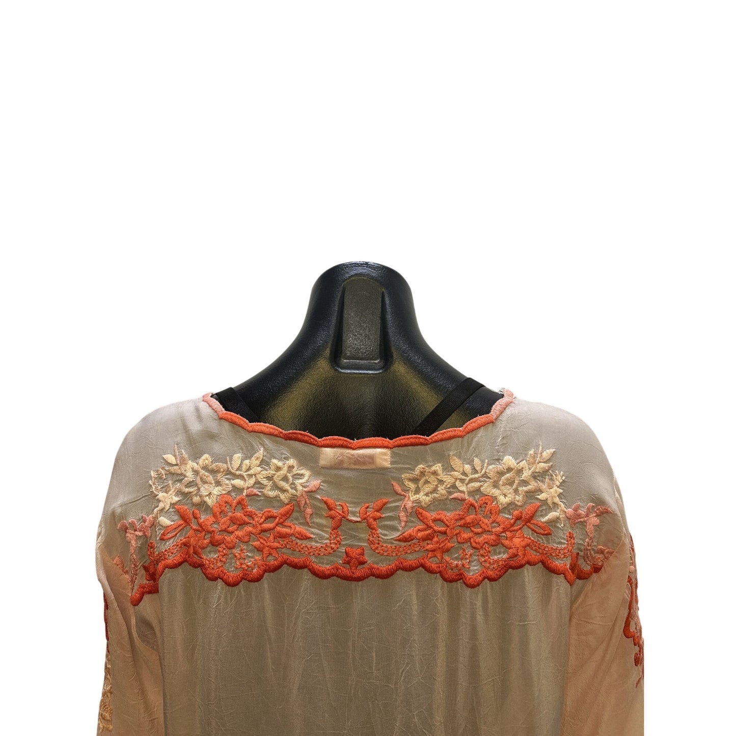 Johnny Was Sheer Pink Tunic Blouse w/Coral & Pink Embroidered Floral Design Size M