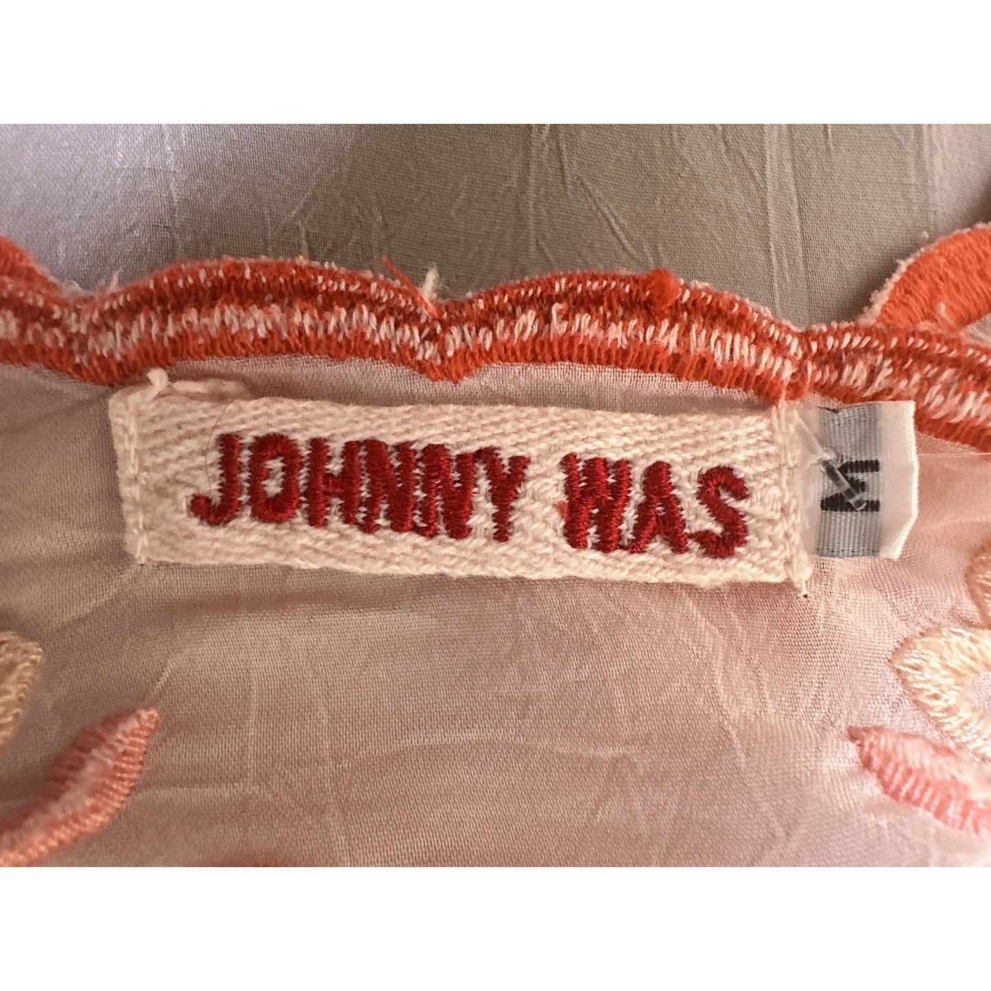 Johnny Was Sheer Pink Tunic Blouse w/Coral & Pink Embroidered Floral Design Size M