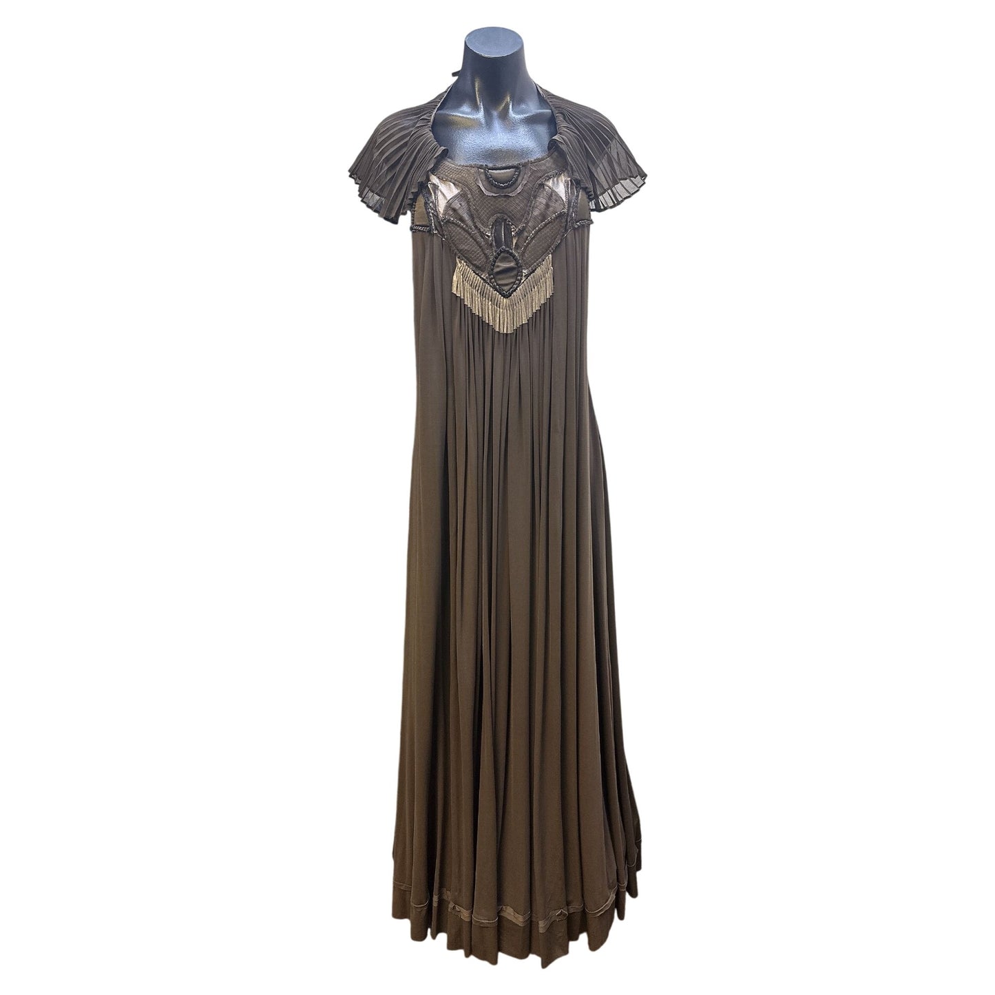 BCBG Maxazria Runway Vintage-Inspired Brown Pleated Maxi Dress w/Intricate Cutout Details Size M