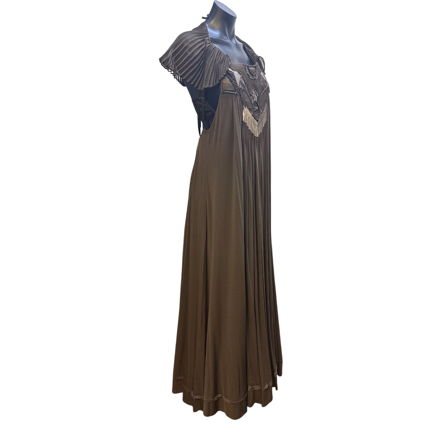 BCBG Maxazria Runway Vintage-Inspired Brown Pleated Maxi Dress w/Intricate Cutout Details Size M