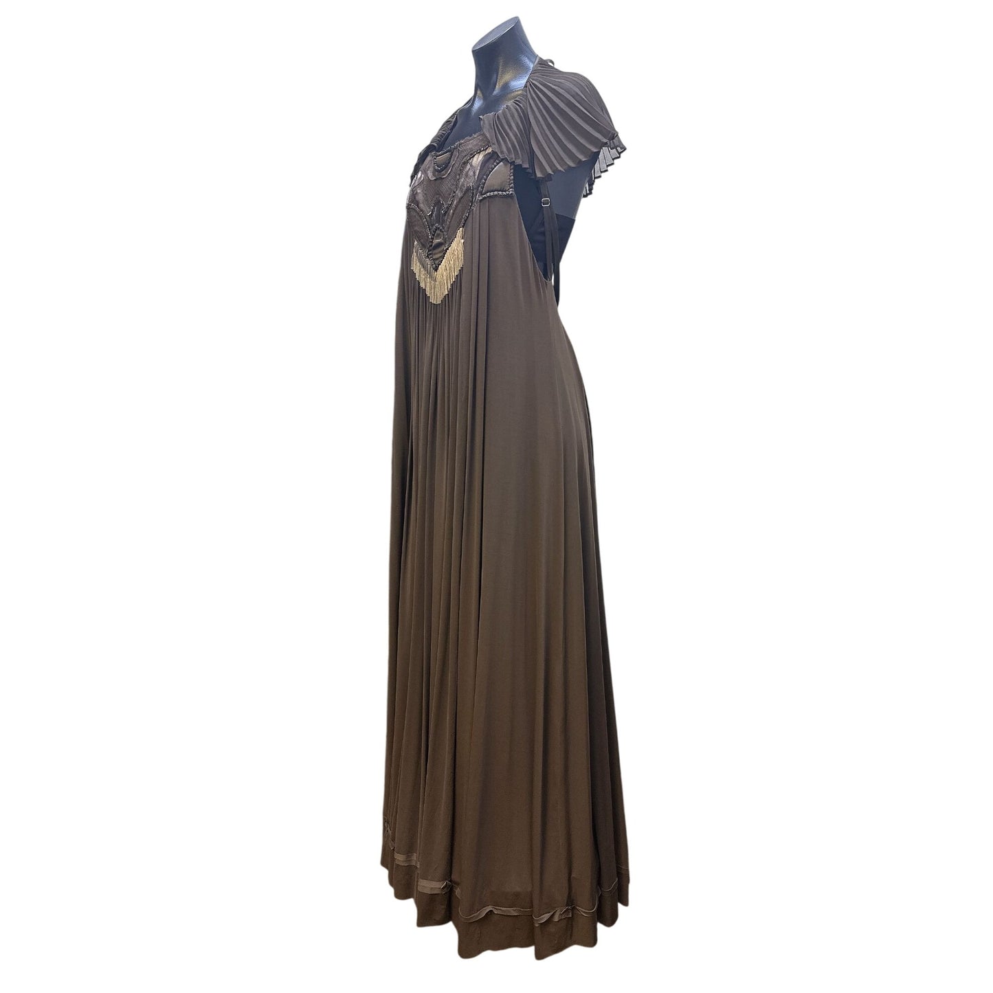 BCBG Maxazria Runway Vintage-Inspired Brown Pleated Maxi Dress w/Intricate Cutout Details Size M