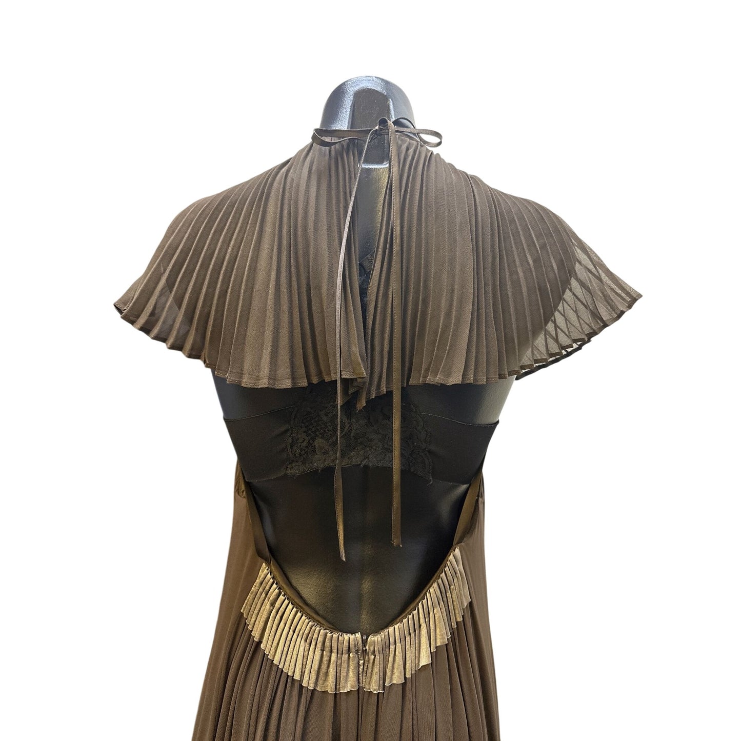 BCBG Maxazria Runway Vintage-Inspired Brown Pleated Maxi Dress w/Intricate Cutout Details Size M