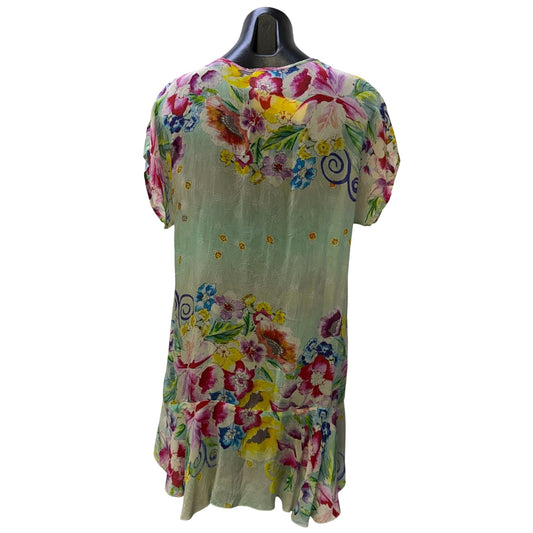 Johnny Was Silk Floral Print Tunic Blouse Green Multi S