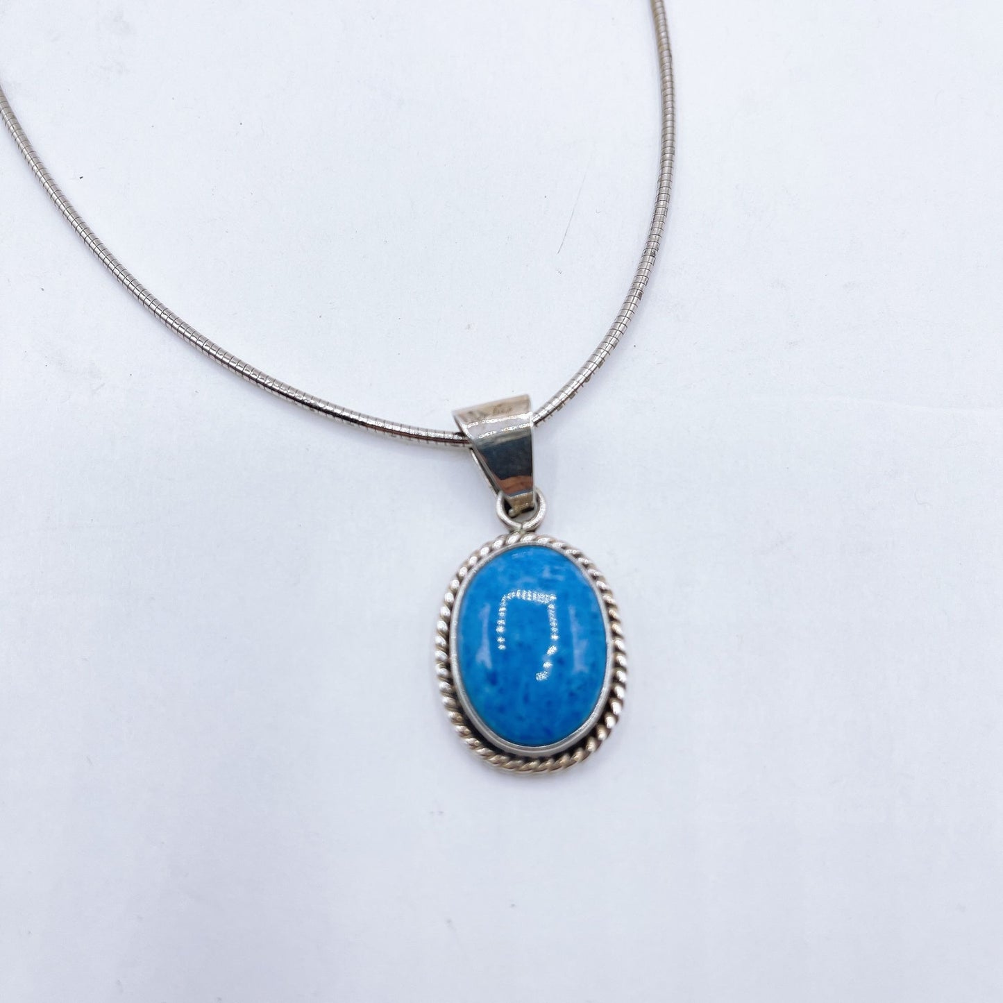 Sterling Silver Oval Blue Gemstone Pendant Necklace 15"