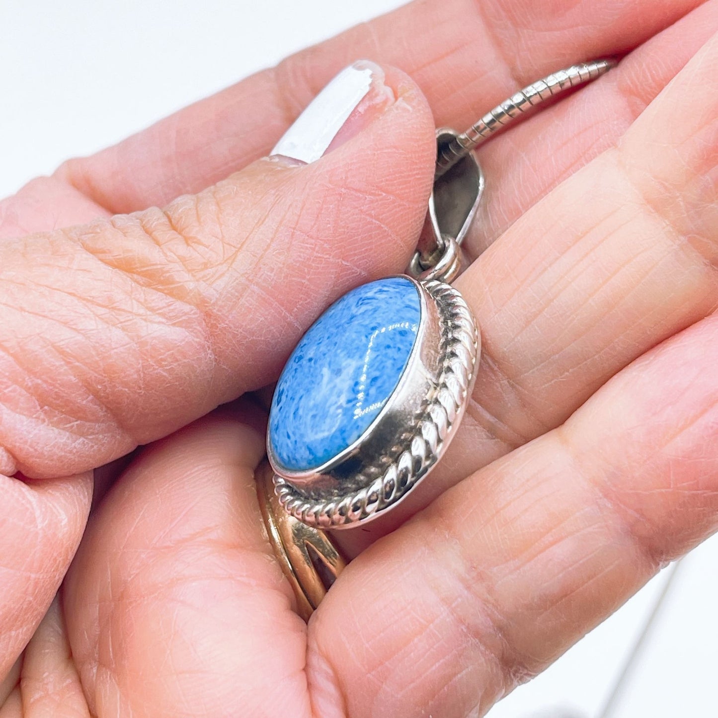 Sterling Silver Oval Blue Gemstone Pendant Necklace 15"