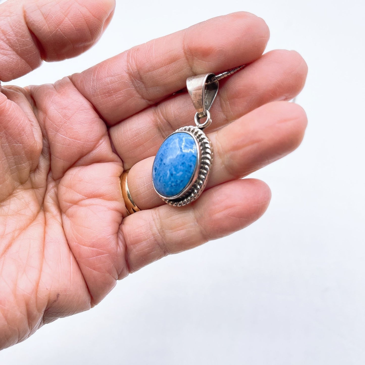 Sterling Silver Oval Blue Gemstone Pendant Necklace 15"