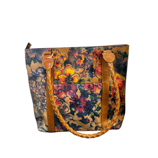 Patricia Nash Leather Tote Purse With Floral Print & Braided Handles