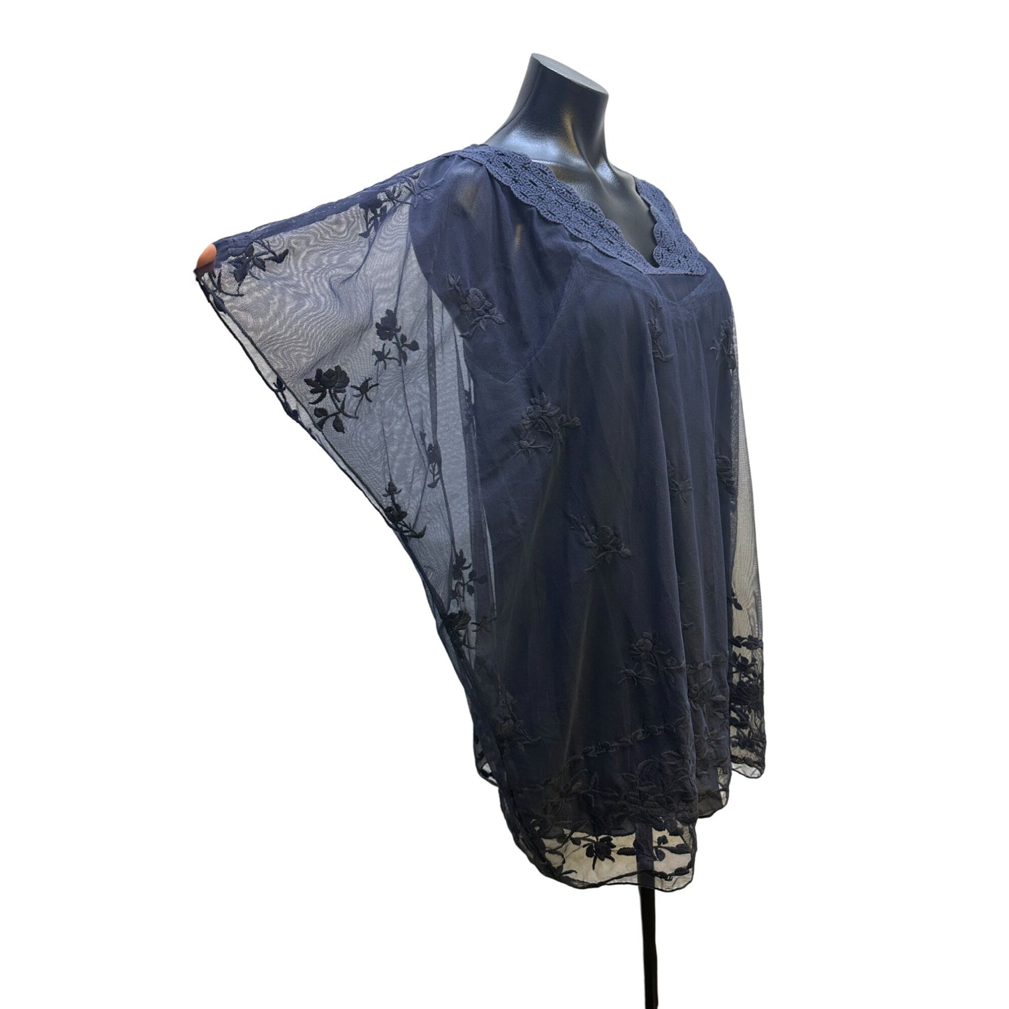 Love and Liberty Navy Blue Sheer Floral Embroidered Blouse Size L