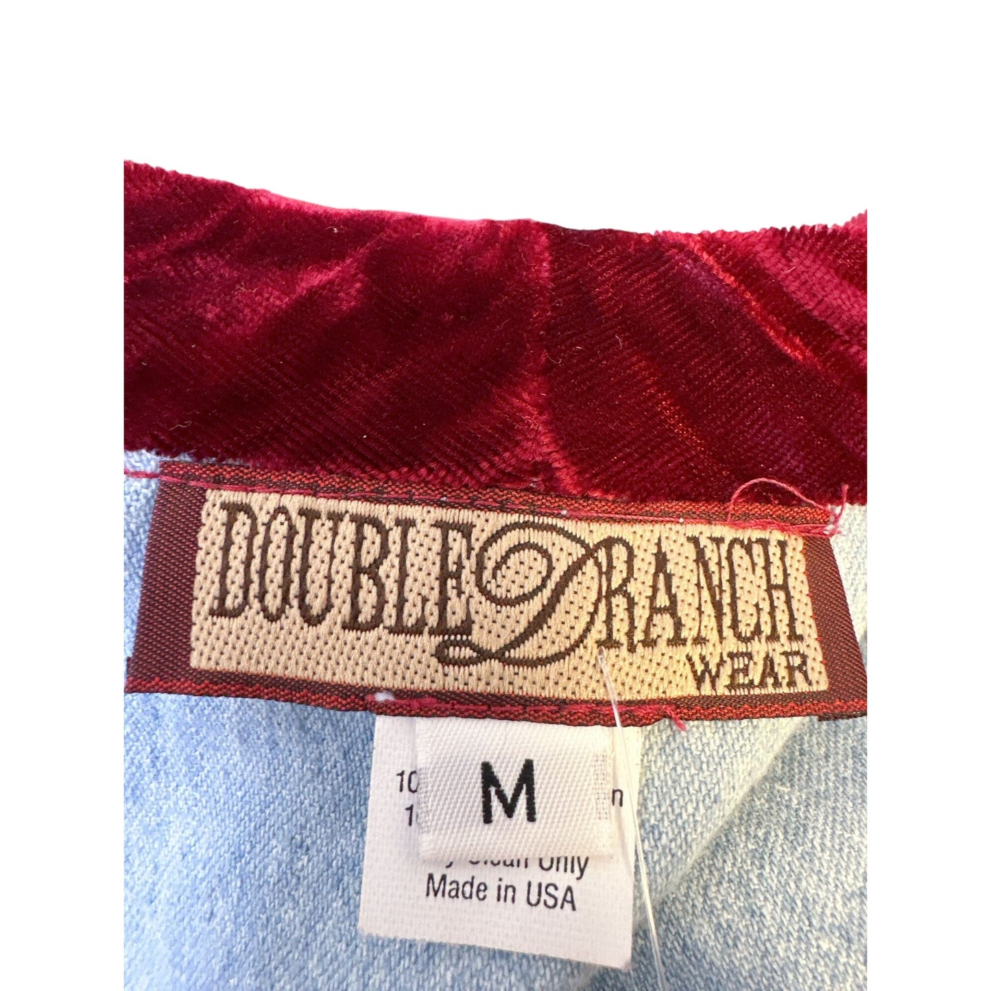 Double D RanchWear Light Blue Denim Vest W/Burgundy Velvet Collar Size Medium