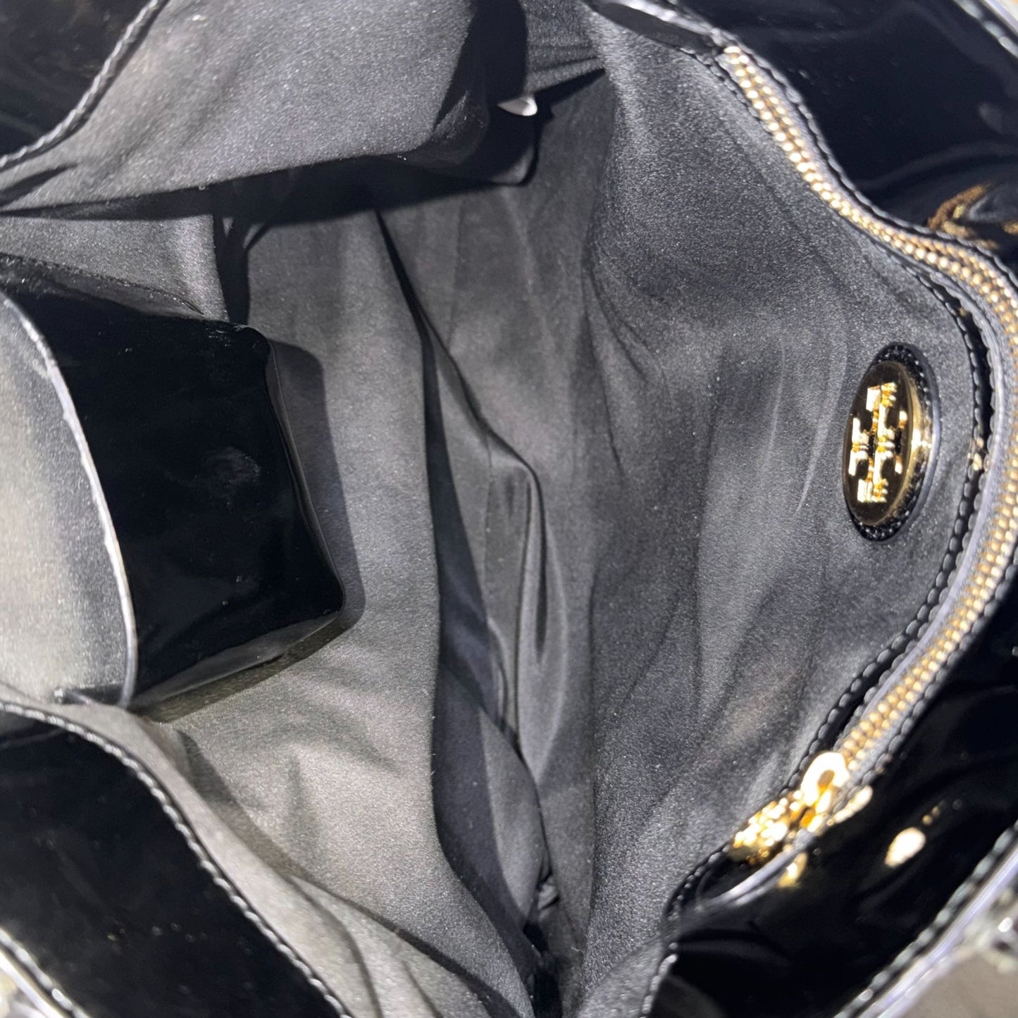 Black Patent Leather Tory Burch Perforated Logo Tote Shoulder Bag