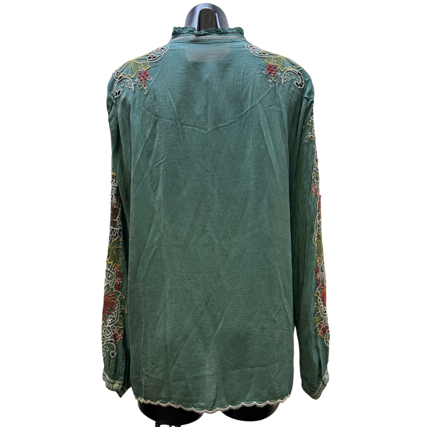 Johnny Was Embroidered Silk Blouse Green XL