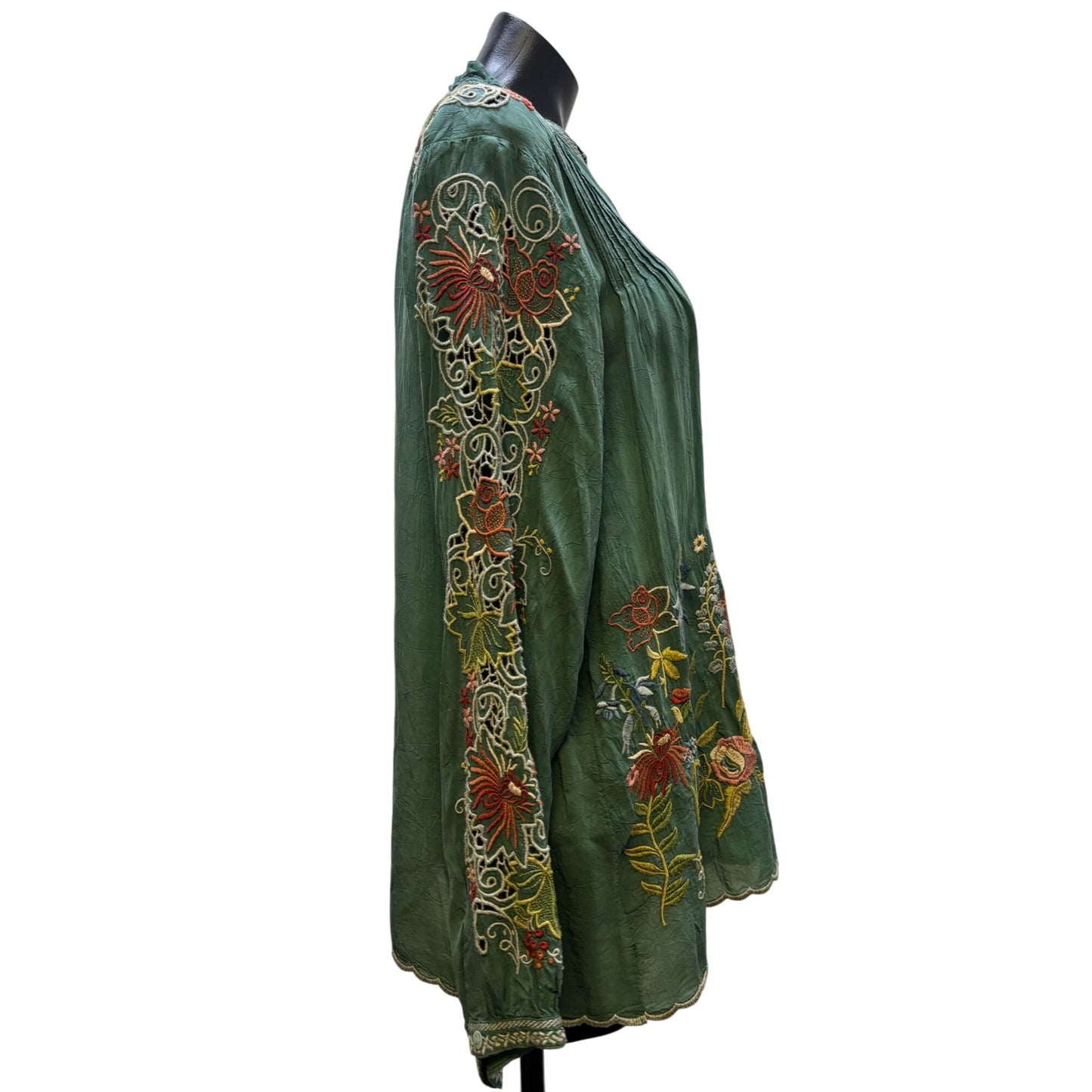 Johnny Was Embroidered Silk Blouse Green XL