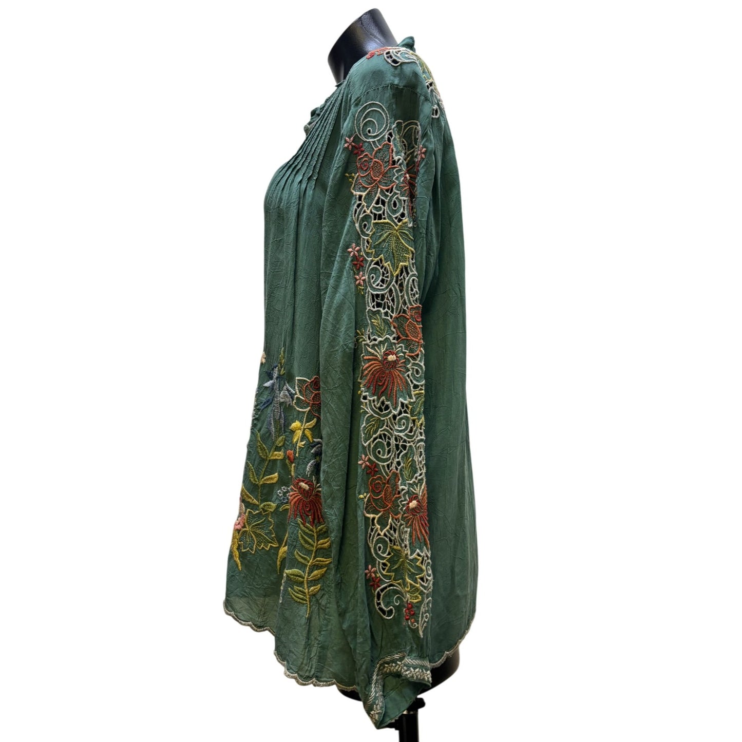 Johnny Was Embroidered Silk Blouse Green XL