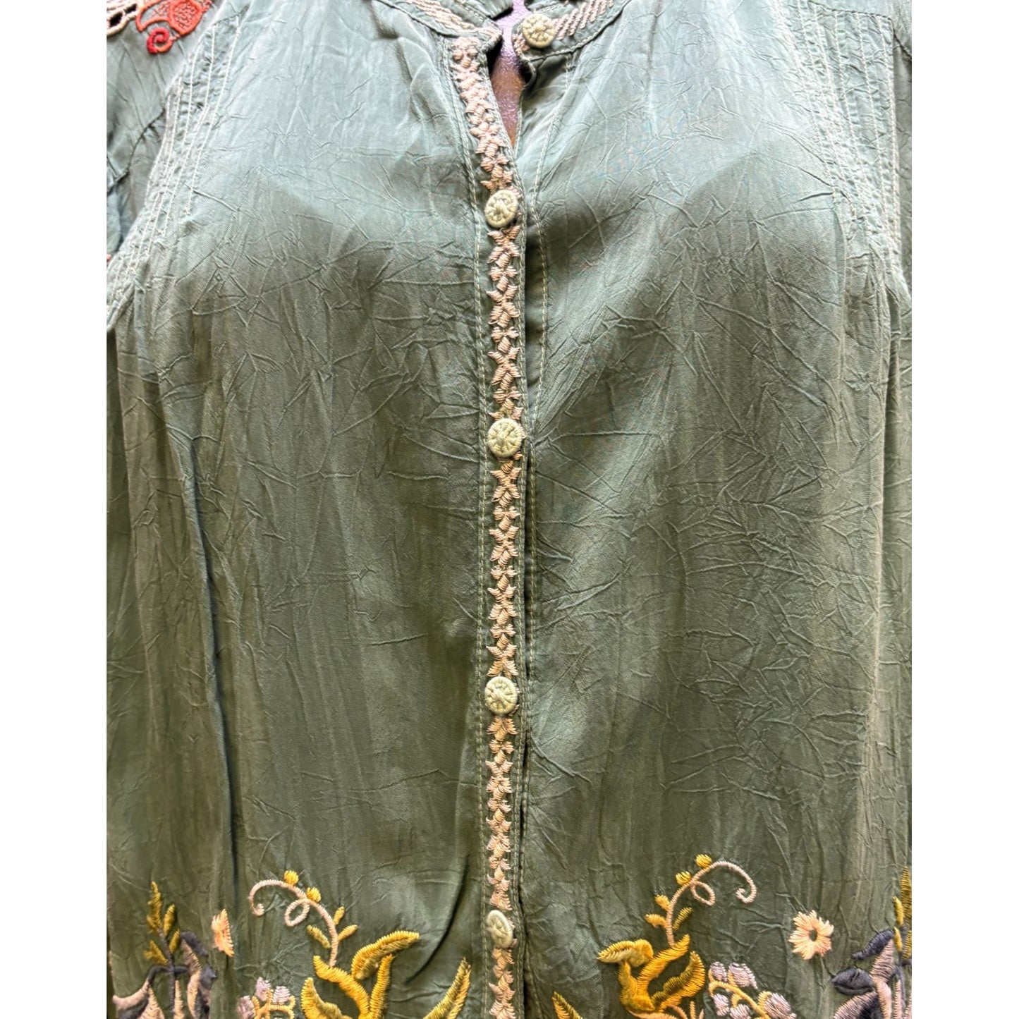 Johnny Was Embroidered Silk Blouse Green XL