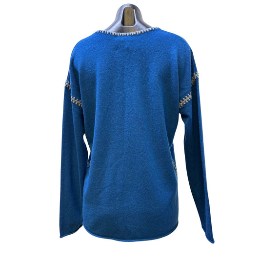 Johnny Was Blue Cashmere Wool Floral Embroidered V-Neck Blouse M