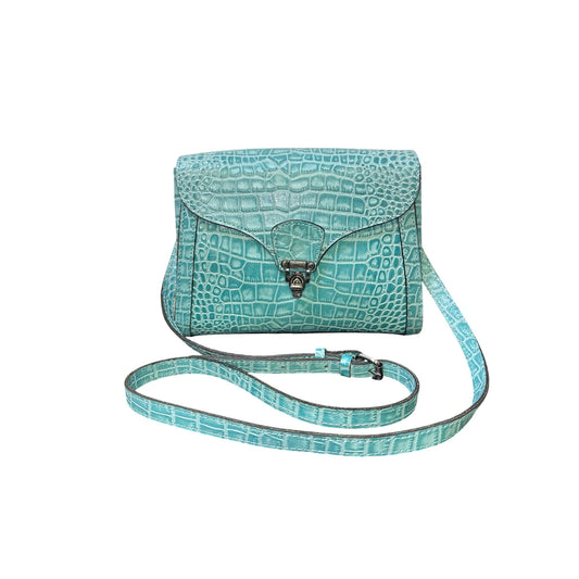 Patricia Nash Crocodile Embossed Leather Teal Handbag w/Adjustable Strap