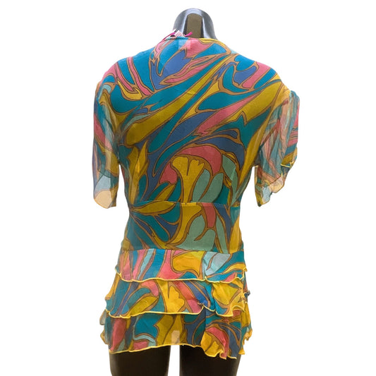 Janice Jaraicie Nelli Colorful 100% Silk V-Neck Ruffled Blouse Top L
