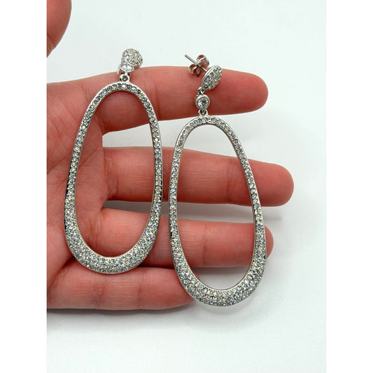 Nadri Oval Rhinestone Dangle Earrings Pave Detailing Silver Finish Original Box