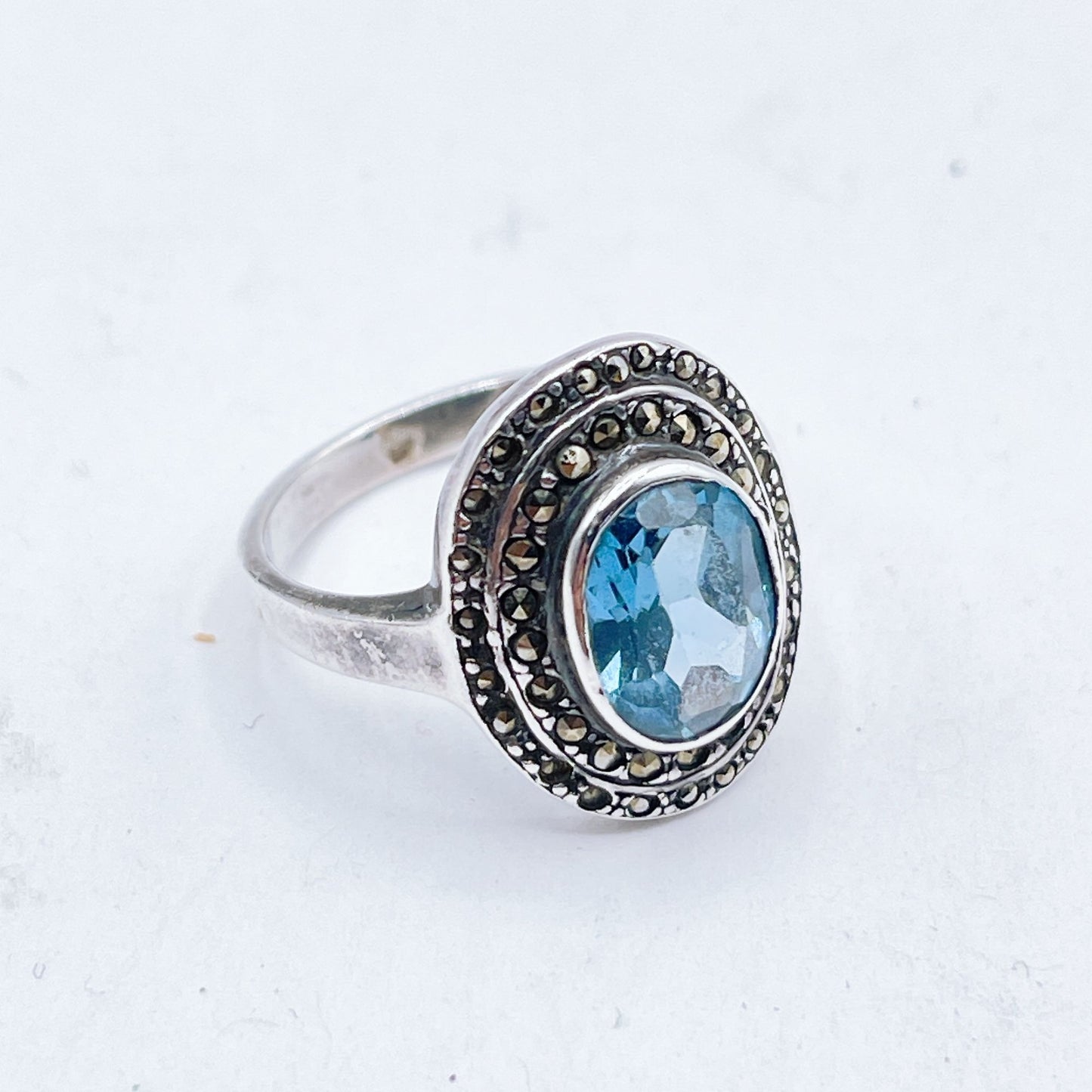 Vintage Sterling Silver Blue Topaz & Marcasite Halo Ring Size 8