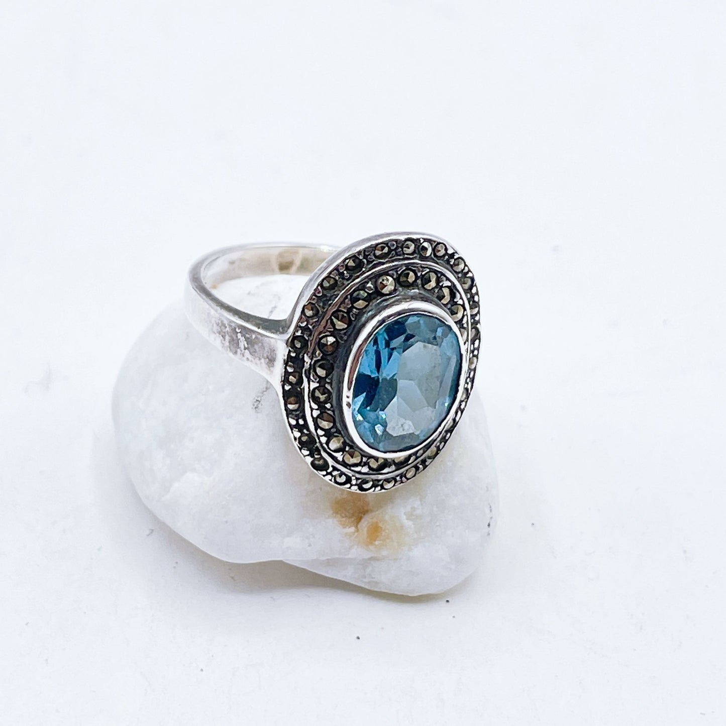 Vintage Sterling Silver Blue Topaz & Marcasite Halo Ring Size 8