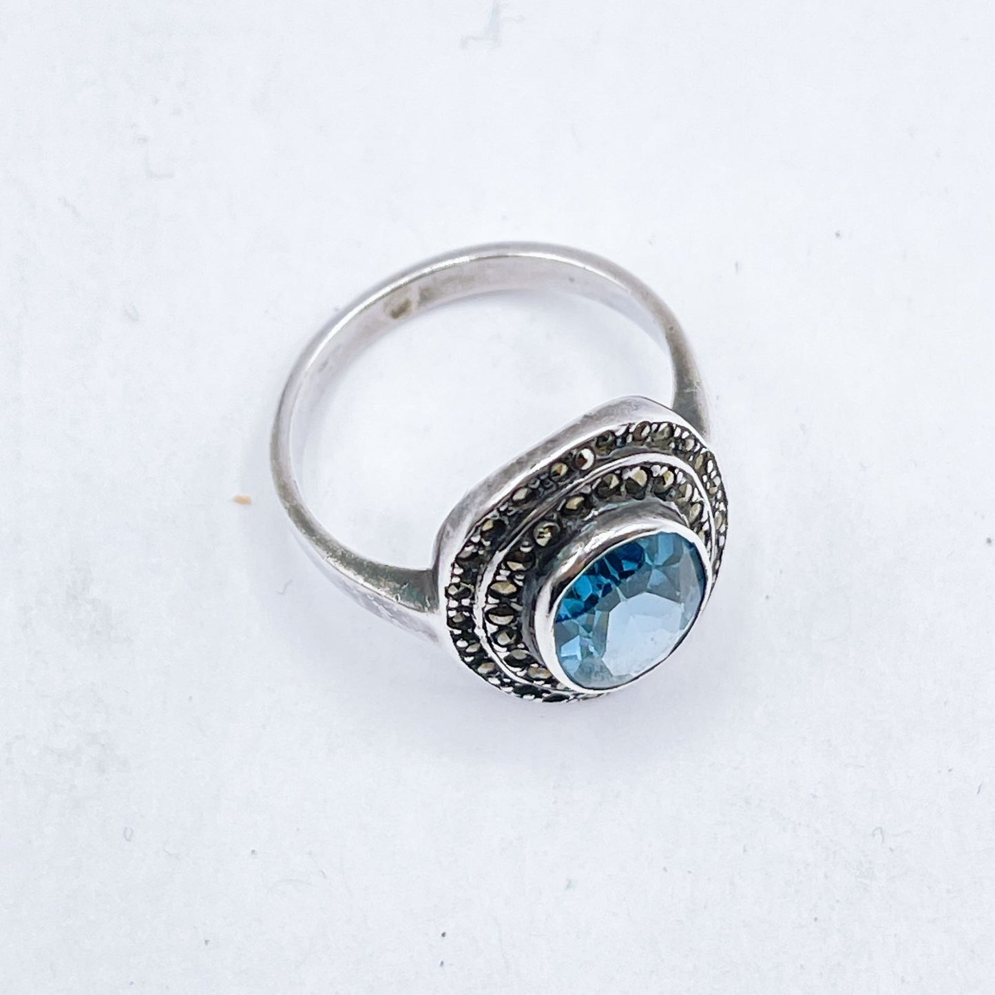 Vintage Sterling Silver Blue Topaz & Marcasite Halo Ring Size 8