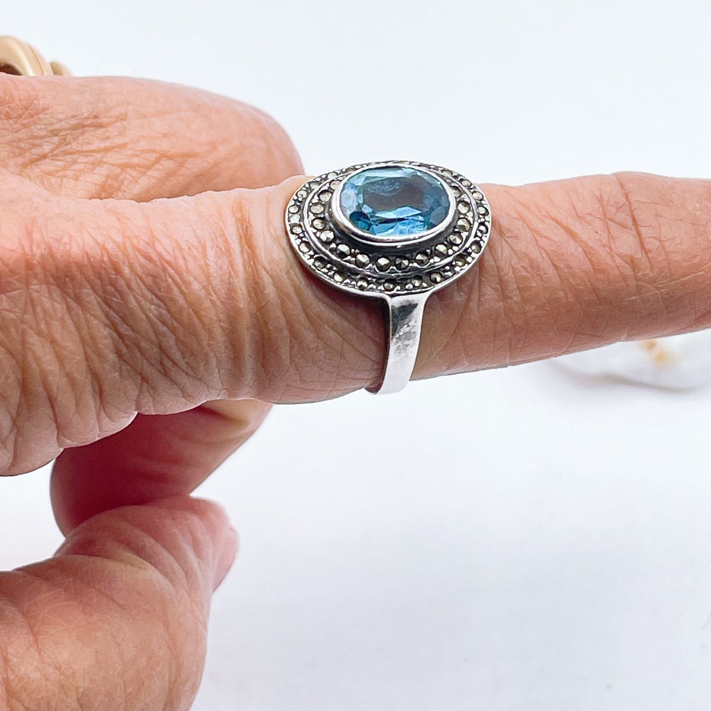 Vintage Sterling Silver Blue Topaz & Marcasite Halo Ring Size 8