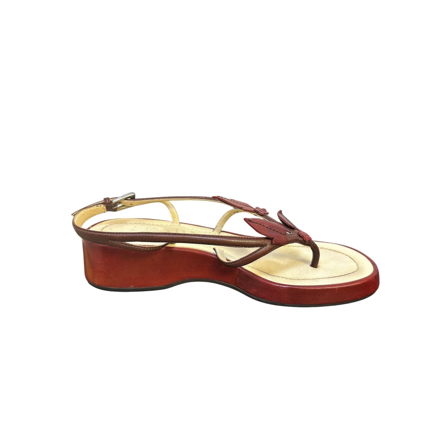 Prada Red & Beige Leather Floral Platform Sandals w/Adjustable Strap Size 5.5