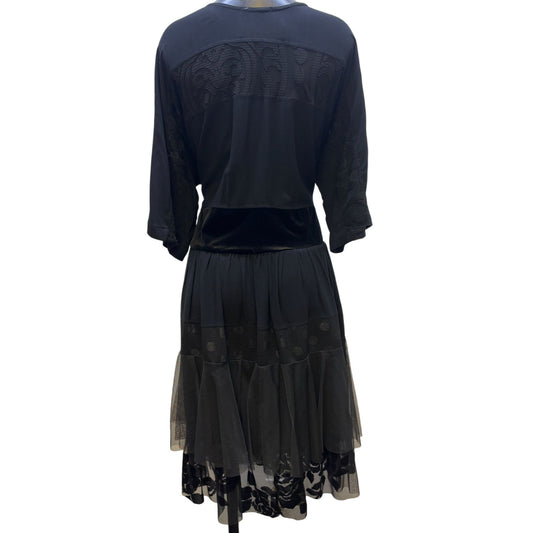 Alembika Womens Black Dress With Sheer Layered Skirt & Patterned Top S