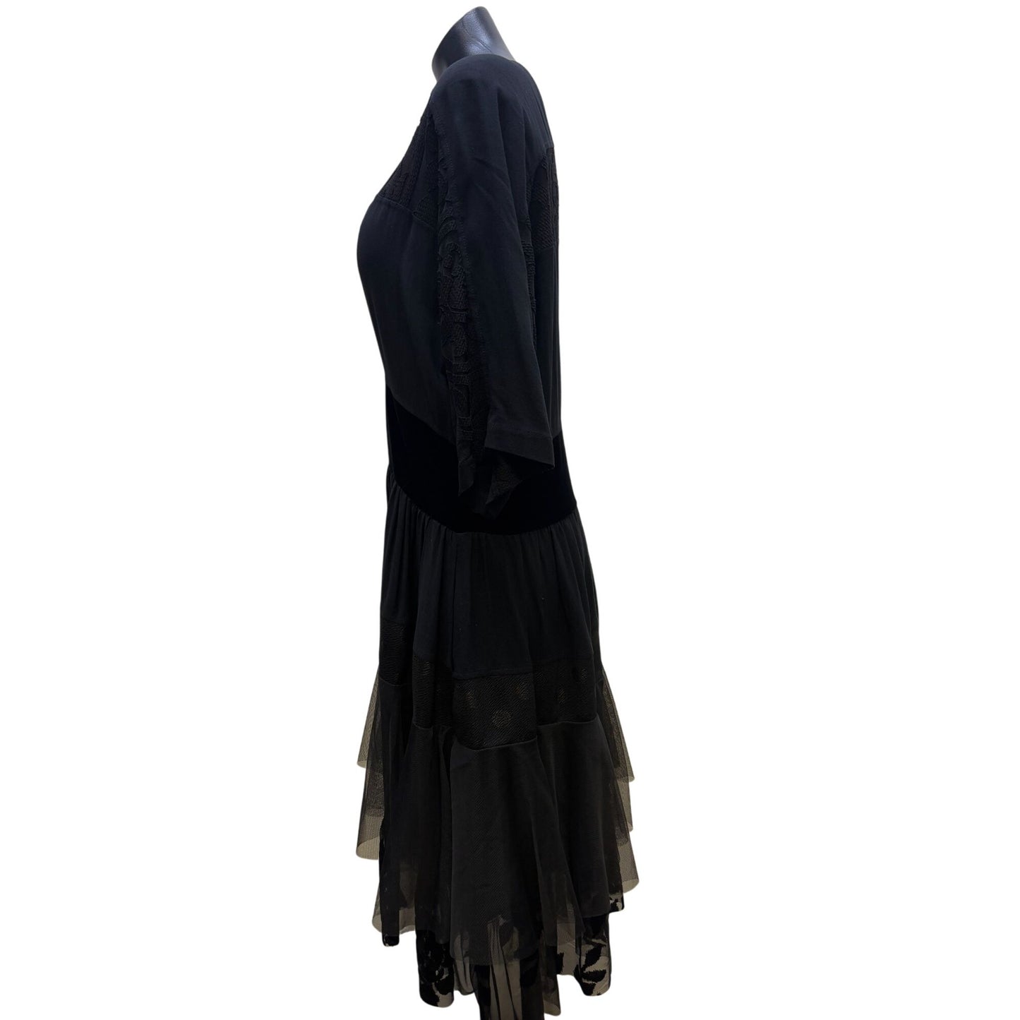 Alembika Womens Black Dress With Sheer Layered Skirt & Patterned Top S