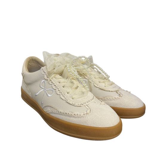 Elegant Bone White Pearl Embellished Low-Top Sneakers 7.5