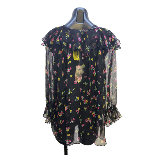 NWT Johnny Was Black Sheer Floral Ruffle Blouse w/Black Undershirt Size L