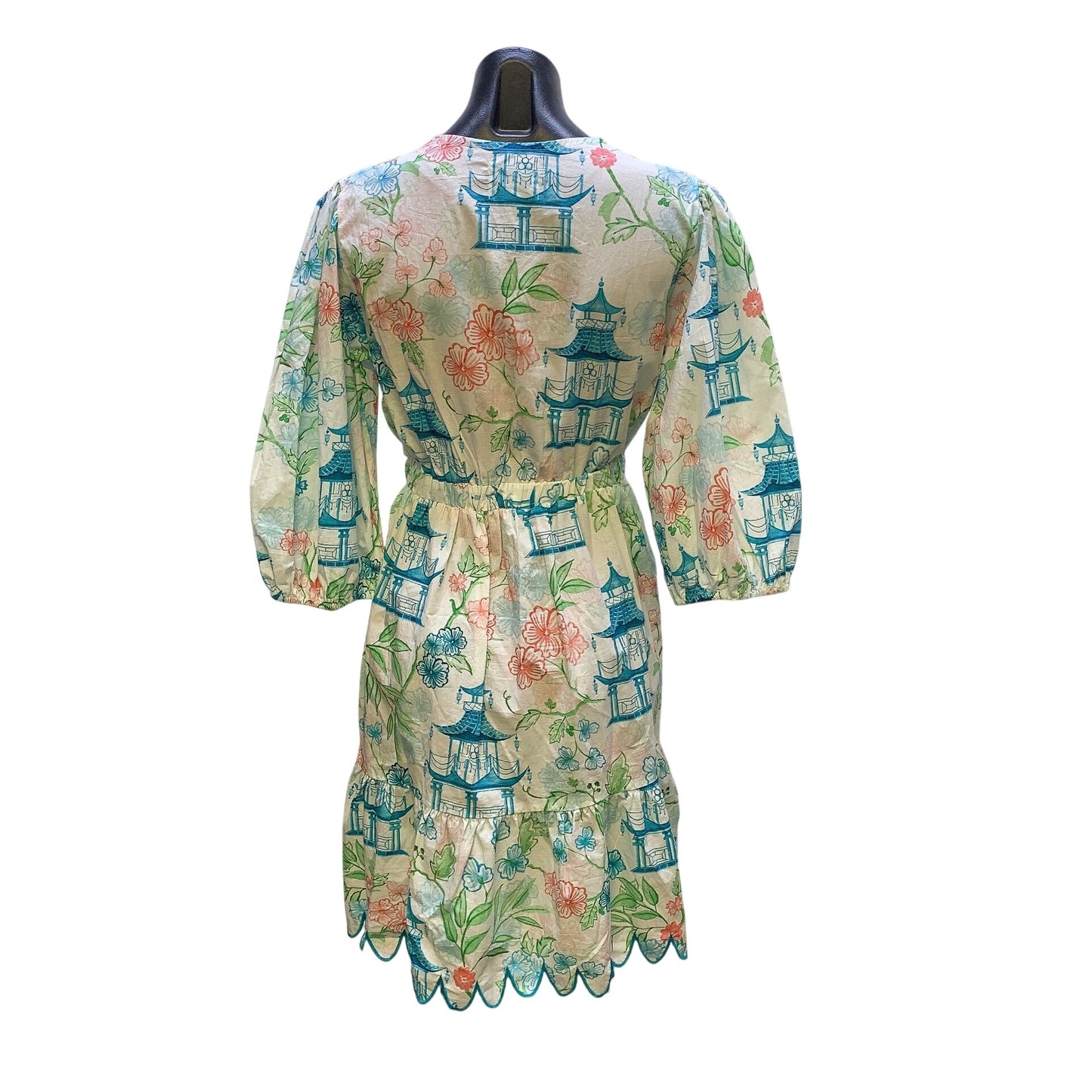 NWT Marigold Floral Lantern Print Dress W/Scalloped Trim & Puff Sleeves Size M