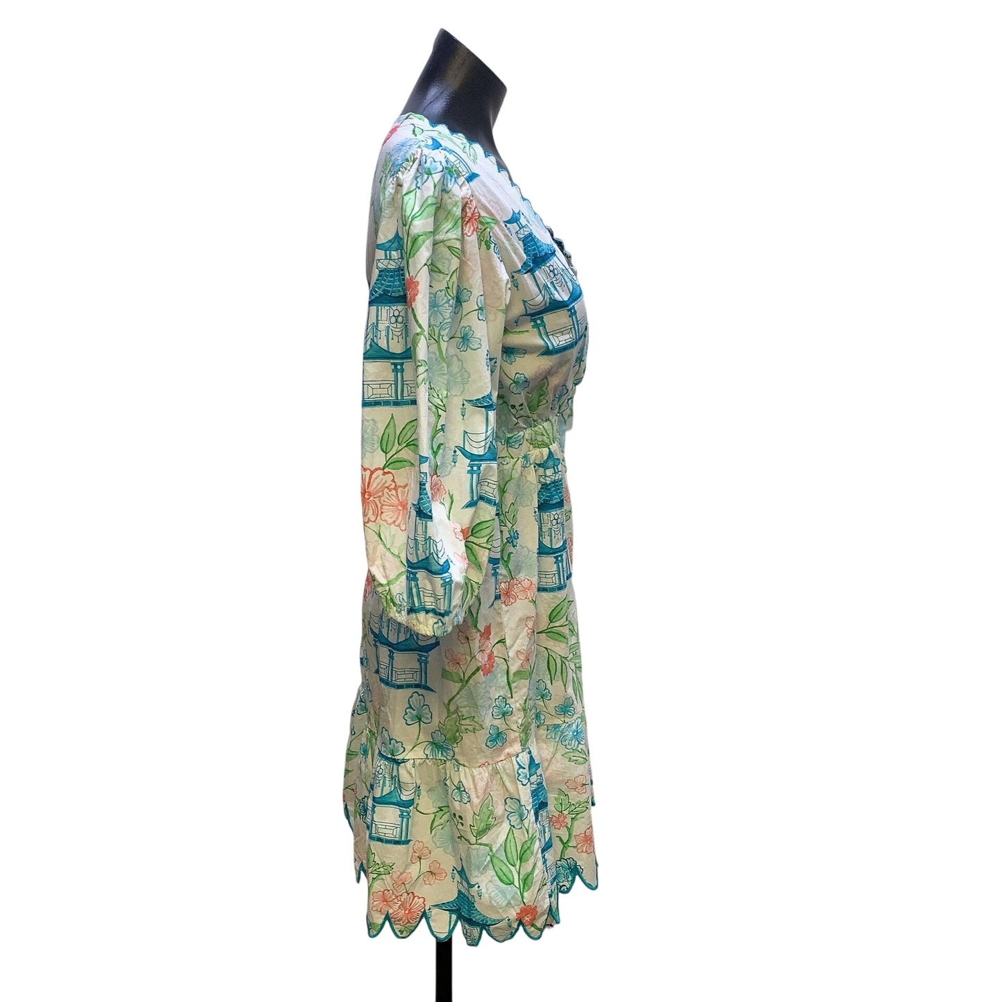 NWT Marigold Floral Lantern Print Dress W/Scalloped Trim & Puff Sleeves Size M